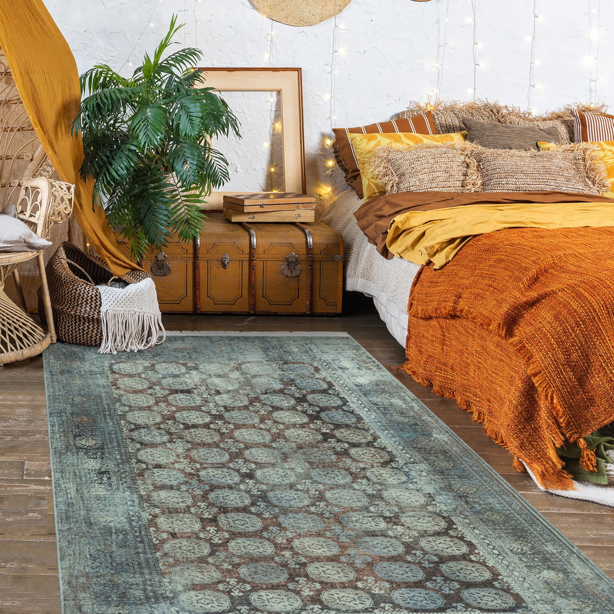 Ottomanson Machine Washable Cotton 4x6 Flatweave Area Rug for Living Room, 4' x 6', Rust Brown Bokhara