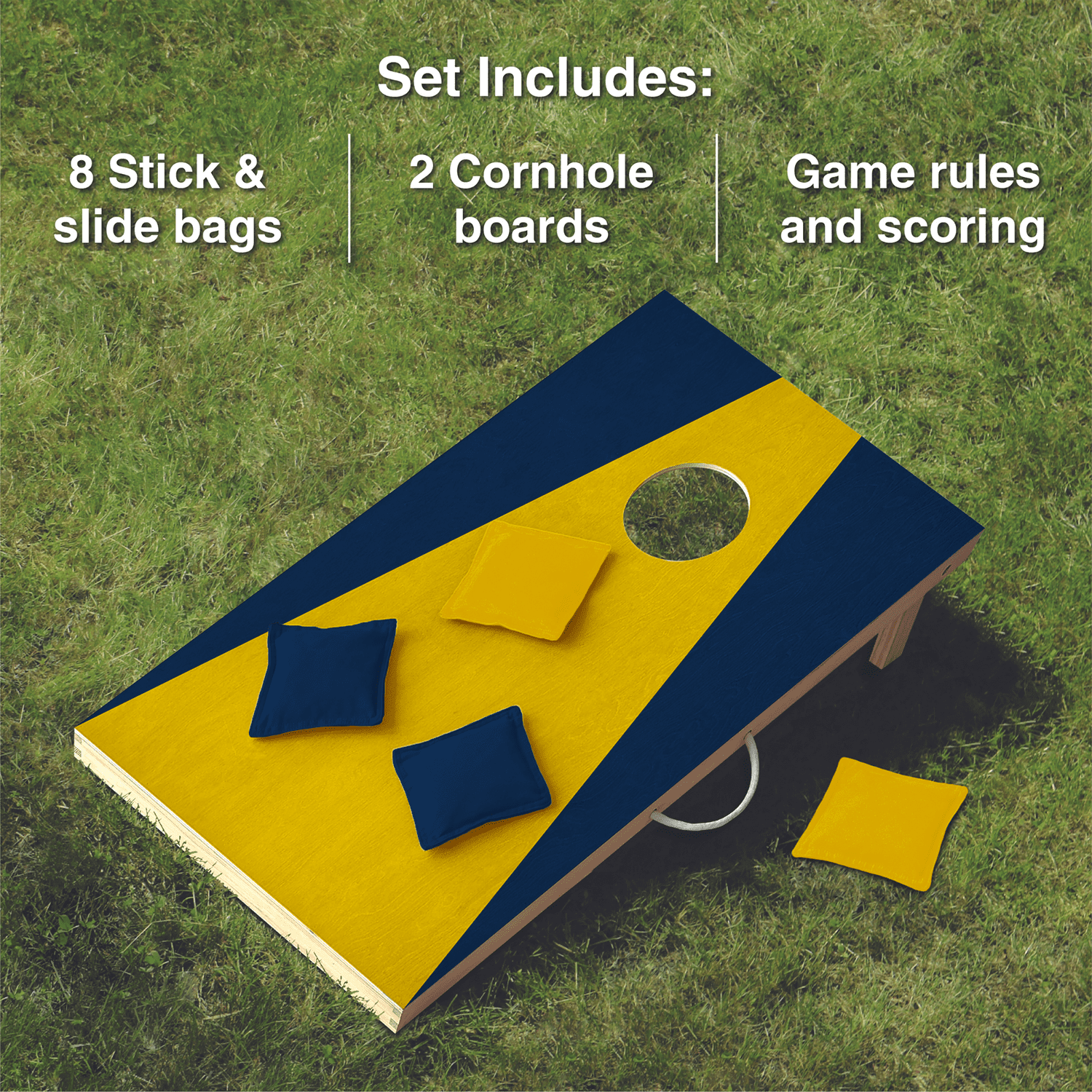 Wooden Cornhole Set, Navy Blue & Gold Colors, Stick & Slide Bags, 10 Pieces, 2 Boards, 8 Bean Bags, Family Games, College Games, Ages 3+ by MinnARK