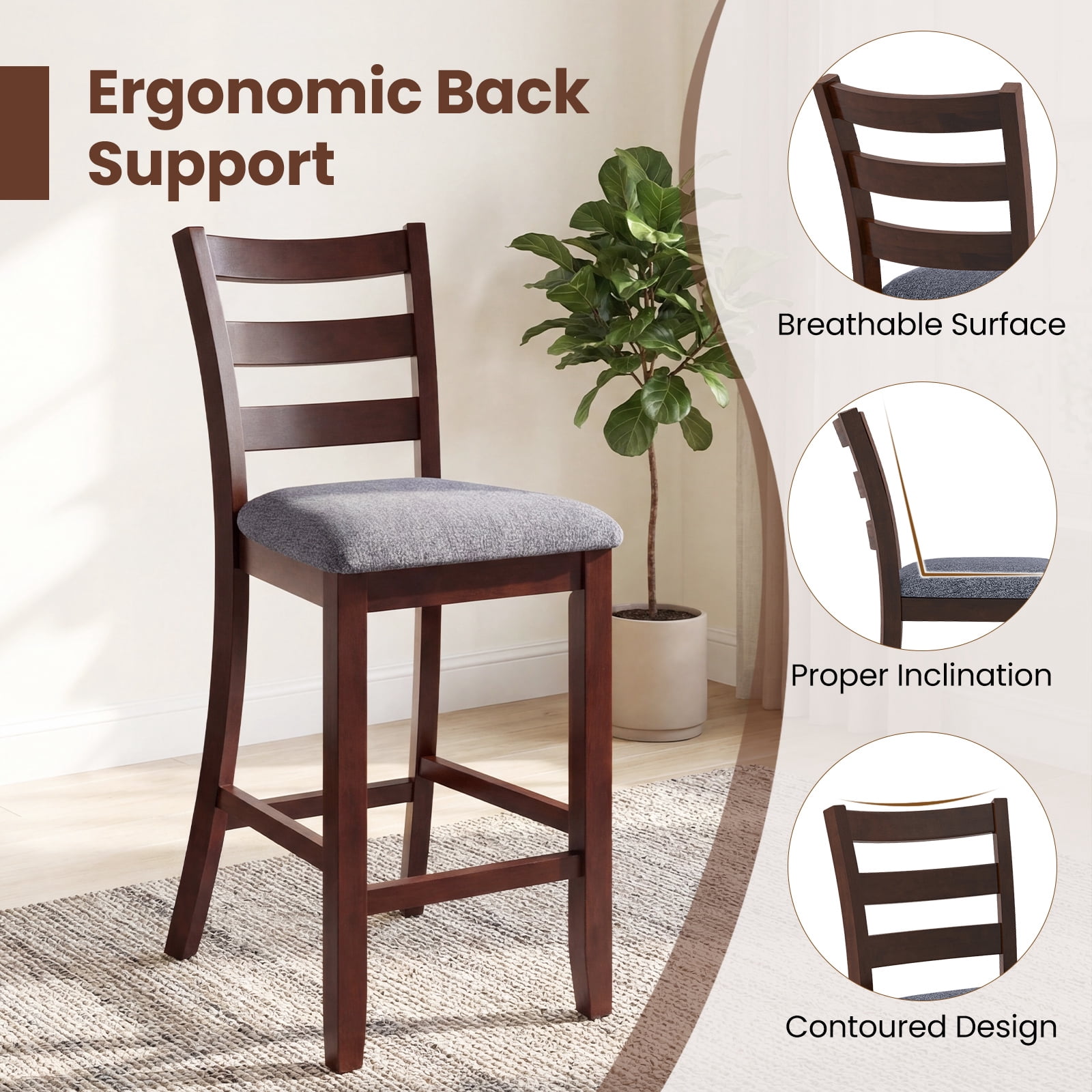 Gymax Bar Stools Set of 4 Upholstered Counter Height Barstools w/ Padded Seat Footrest & Backrest Farmhouse