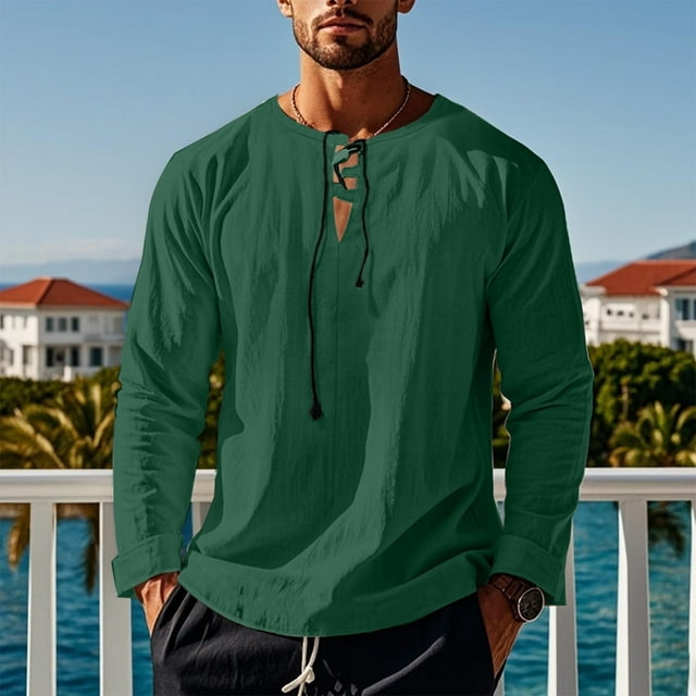 Blusas y camisas de manga larga con cuello en V para hombre, blusa informal de moda lisa con tirantes sueltos, blusa de manga larga con cuello en V, blusa de poliéster para hombre
