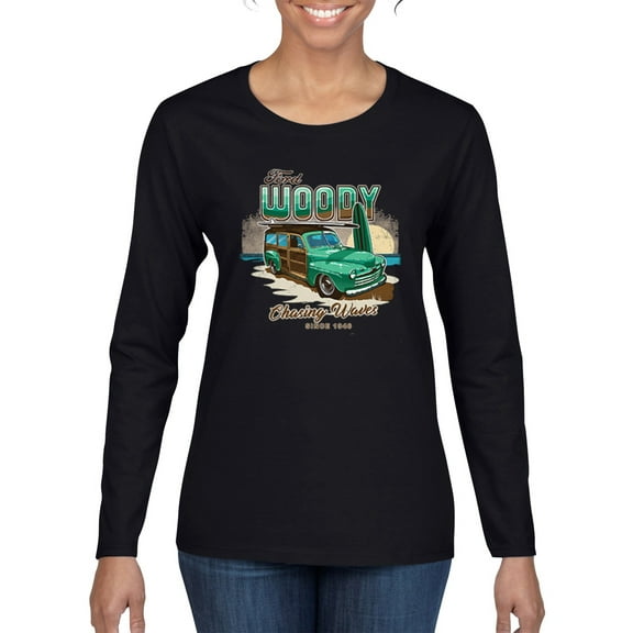 1946 Vintage Ford Woody Chasing Waves Cars and Trucks Womens Graphic Long Sleeve T-Shirt, Black, Small