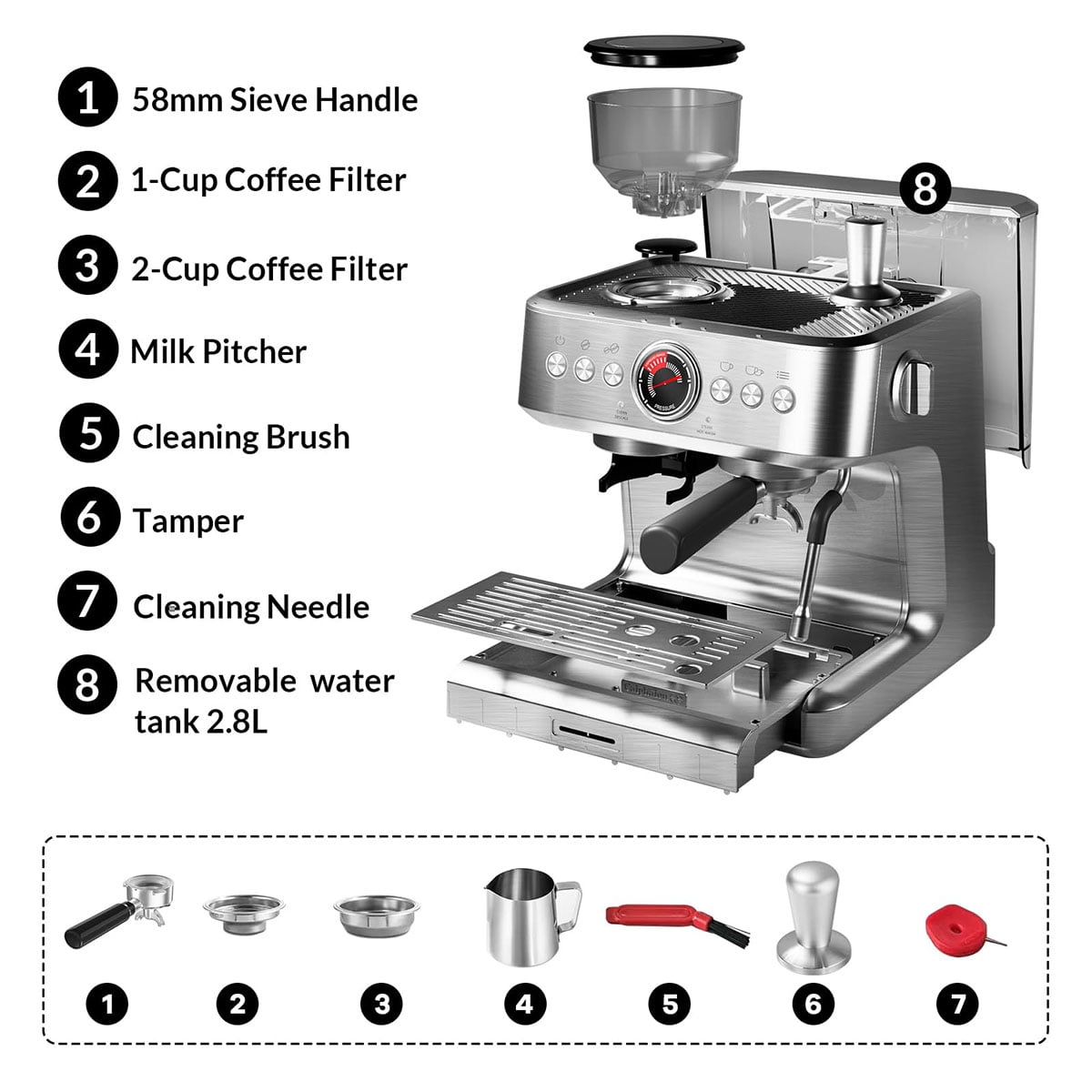 Ataucjin Espresso Machine with Grinder & Milk Frother, 20 Bar Professional Pressure & 95Oz Large Water Tank, Semi-Automatic Coffee Maker for Cappuccino/Latte/Macchiato, Design for Home Barista