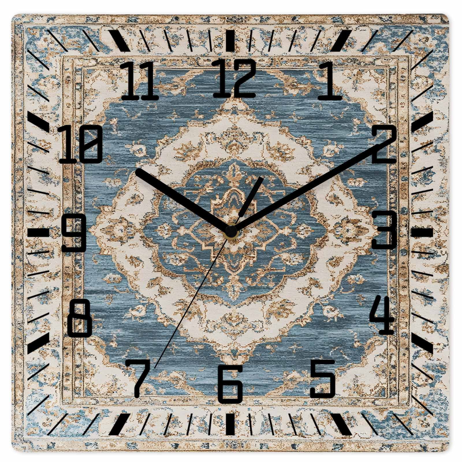 Boho Blue Wooden Wall Clock Silent Non Ticking, Retro Tribal Traditional Distressed Printed Square Wall Clocks Battery Operated, Decor Clock for Home Office, Living Room, Kitchen, 10 Inch