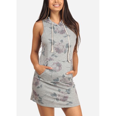 Womens Juniors Ladies Sexy Casual Going Out Trendy Everyday Floral Print Grey Tshirt Dress with Kangaroo Pocket Hooded Above Knee Sleeveless Mini Dress
