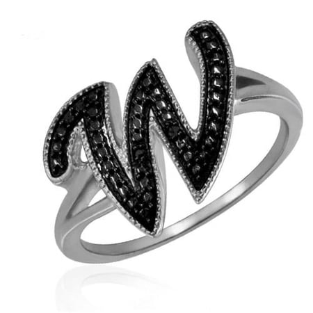 JewelersClub Accent Black Diamond Initial Letter Ring for Women | Customizable Sterling Silver W Alphabet Monogram Ring for Girls | Cursive Script Capital Letters | Personalized Jewelry Gift for Her
