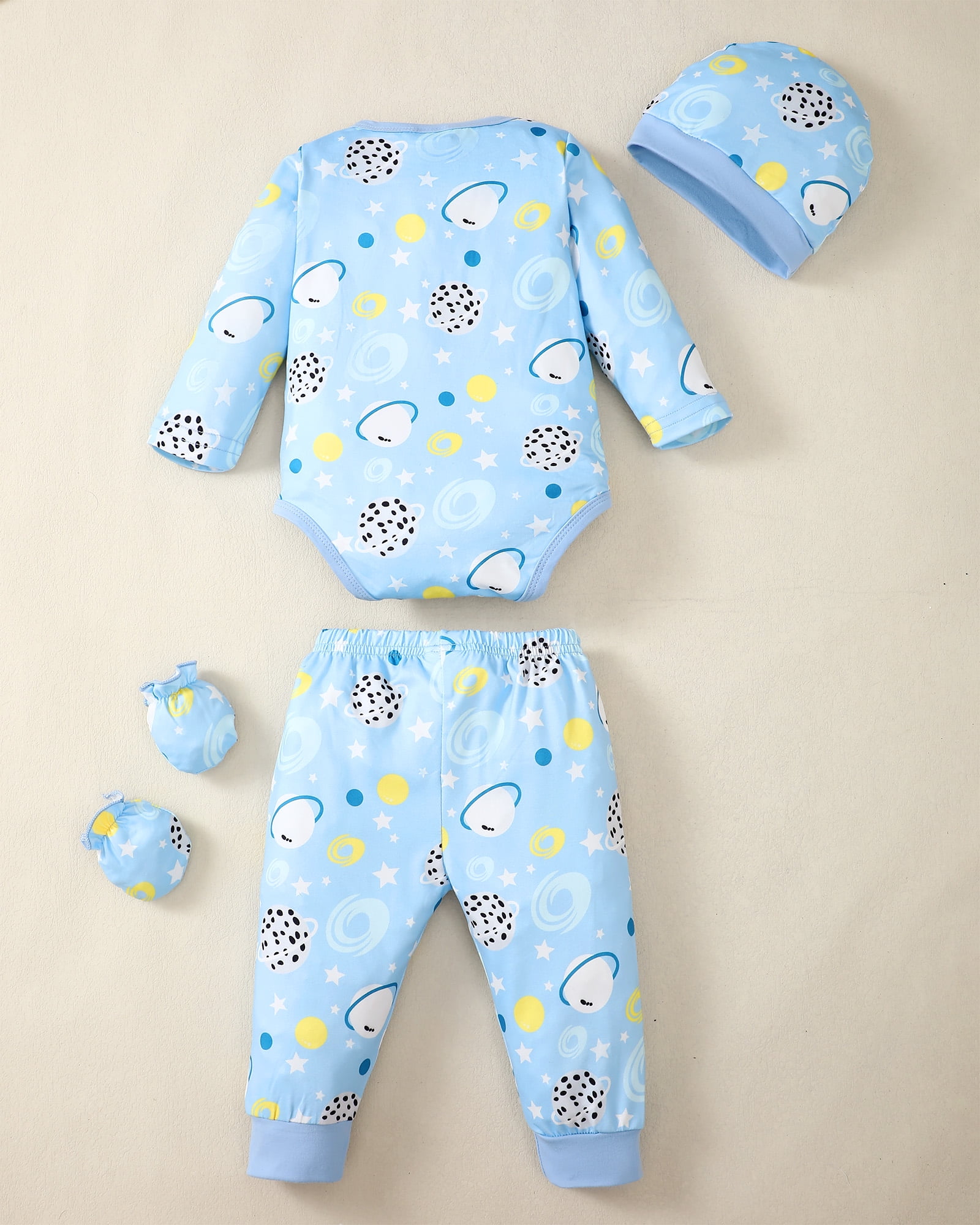 KIMI BEAR Newborn Baby Boys layette set 3-6 Months Romper Pants Set Hat 4-Pack Outfits Long Sleeves Top Gloves 16pcs Winter Clothes Baby Shower Gifts Blue