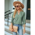 thumbnail image 2 of Blouses for Women Dressy Casual 3/4 Length Sleeve Womens Tops V Neck T Shirts with Roll Up Sleeve Dark Green S, 2 of 8