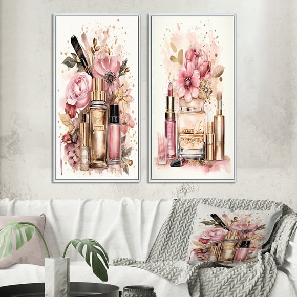 Designart "Pink and Gold Boho Chic Beauty Make-up II" Toiletries Framed Wall Art Set Of 2 - Glam Pink Framed Wall Art Set Of 2