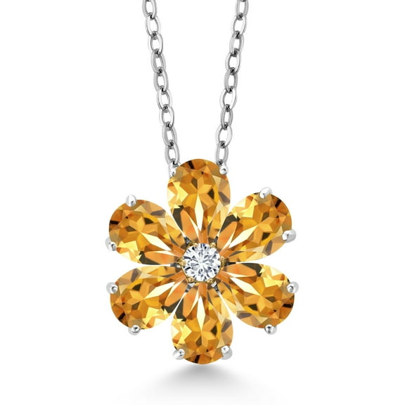 Gem Stone King 925 Sterling Silver and 10K Yellow Gold Yellow Citrine and White Diamond Pear Shape Flower Pendant Necklace for Women (2.05 Cttw, Gemstone Birthstone, with 18 inch Chain)