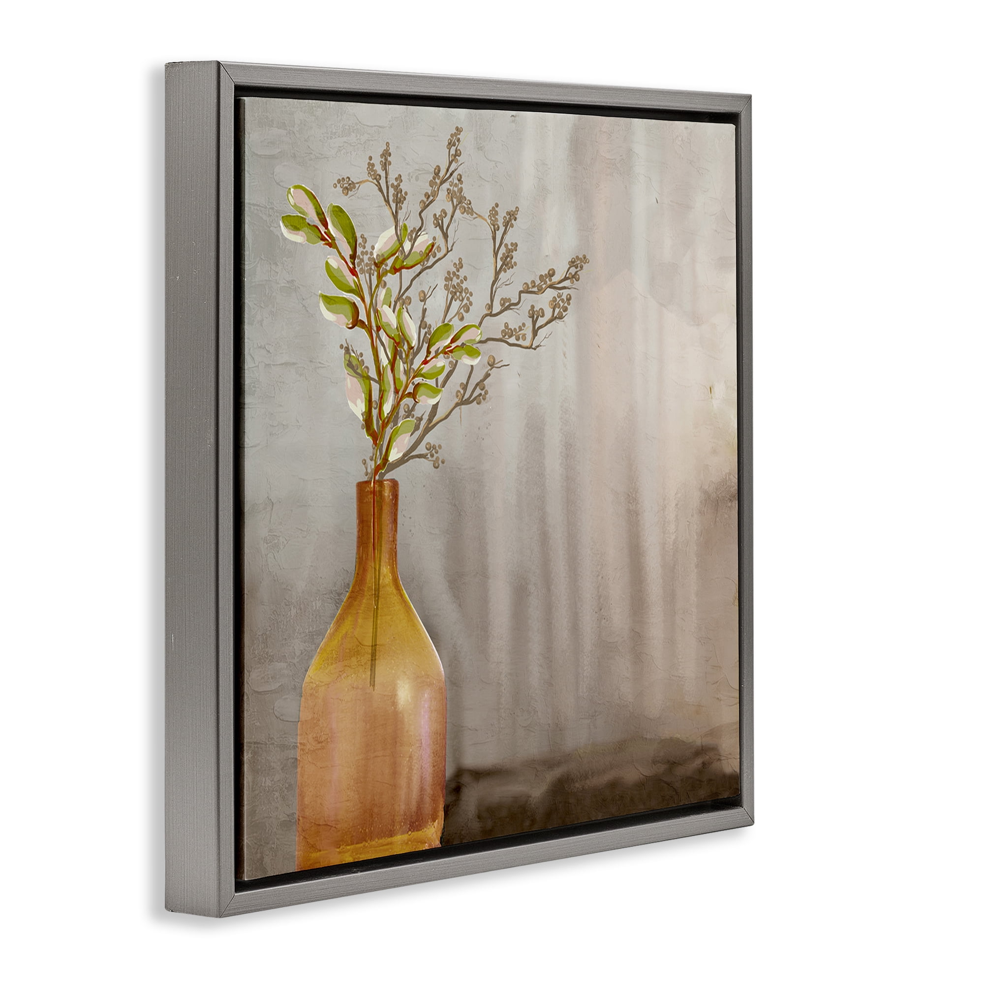 Stupell Industries Traditional Amber Vase Plants & Flowers Painting Gray Floater Framed Canvas Art Print Wall Art, 18 x 18