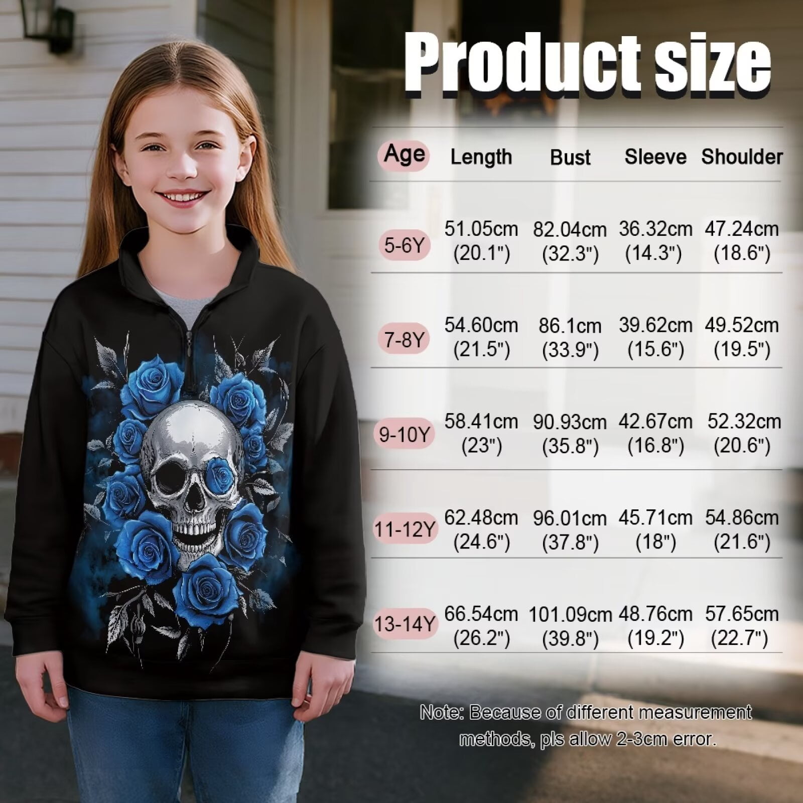 Uorisanigo Girls Half Zip Sweatshirt Fashion Blue Rose Skull Long Sleeve Pullover Top Fall Spring Outfits Clothes Oversized Quarter Zipper Cropped Sweatshirt for Sports and Daily Wear