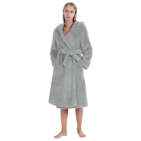 

Women Fleece Hooded Bathrobe Plush Winter Warm Robe with Pockets