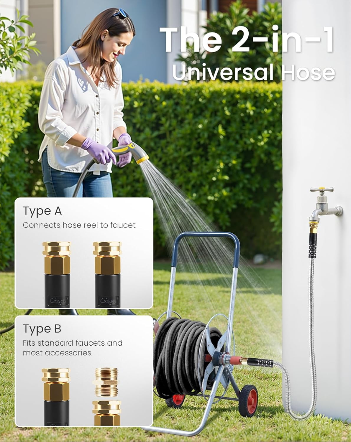 RGHJAR-Short Garden Hose 5 ft with Female to Female Connector, Small Metal Leader Hose, Drinking Water Hose, Flexible, Lightweight Stainless Steel Water Pipe for RV, Outdoor, Yard, 5ft x 5/8"