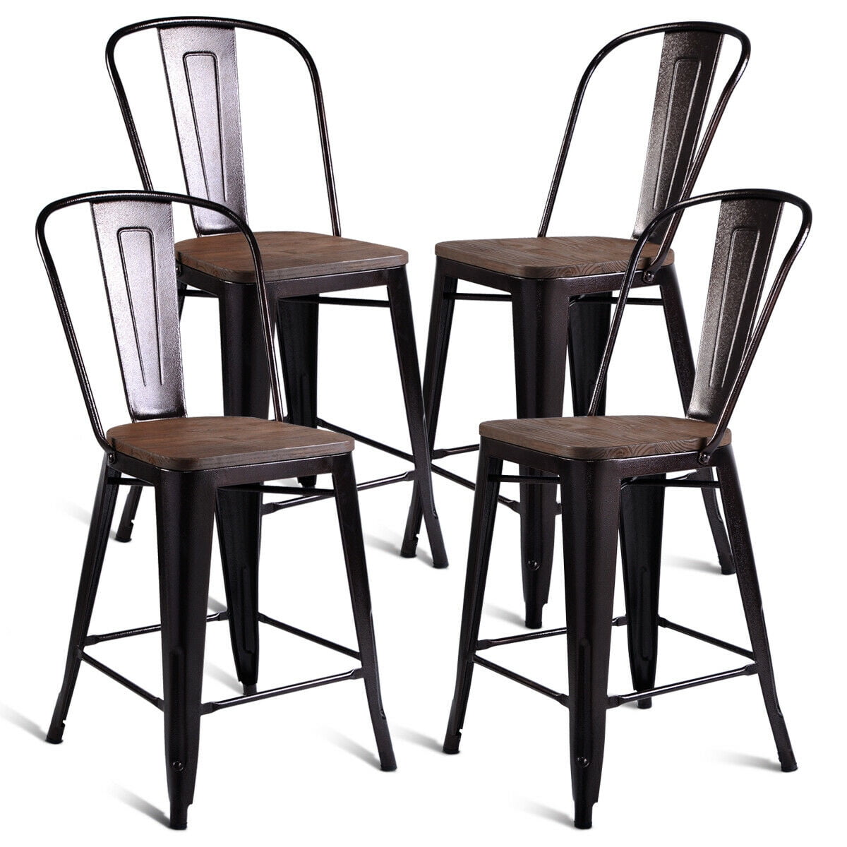 Costway Copper Set of 4 Metal Wood Counter Stool Kitchen Dining Bar Chairs Rustic Full Back
