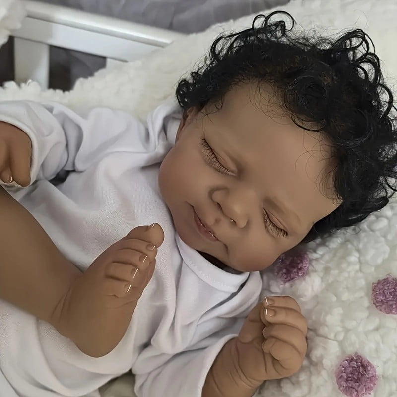 iCradle Lifelike Cuddly Sleeping Reborn Baby Dolls Girls Black Skin Colour Realistic Newborn Babies 18 Inch 45 cm Cloth Body Rooted Hair Gift for Kids 3+