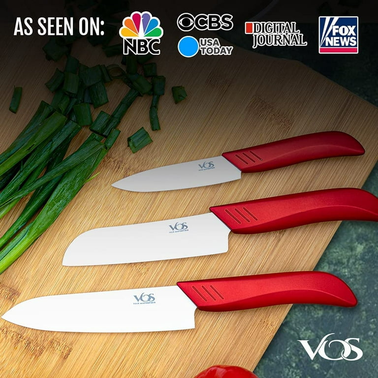 Vos Ceramic Knives with Covers - 3-Piece Knife Set - Ideal Kitchen Knives -  (Red) 
