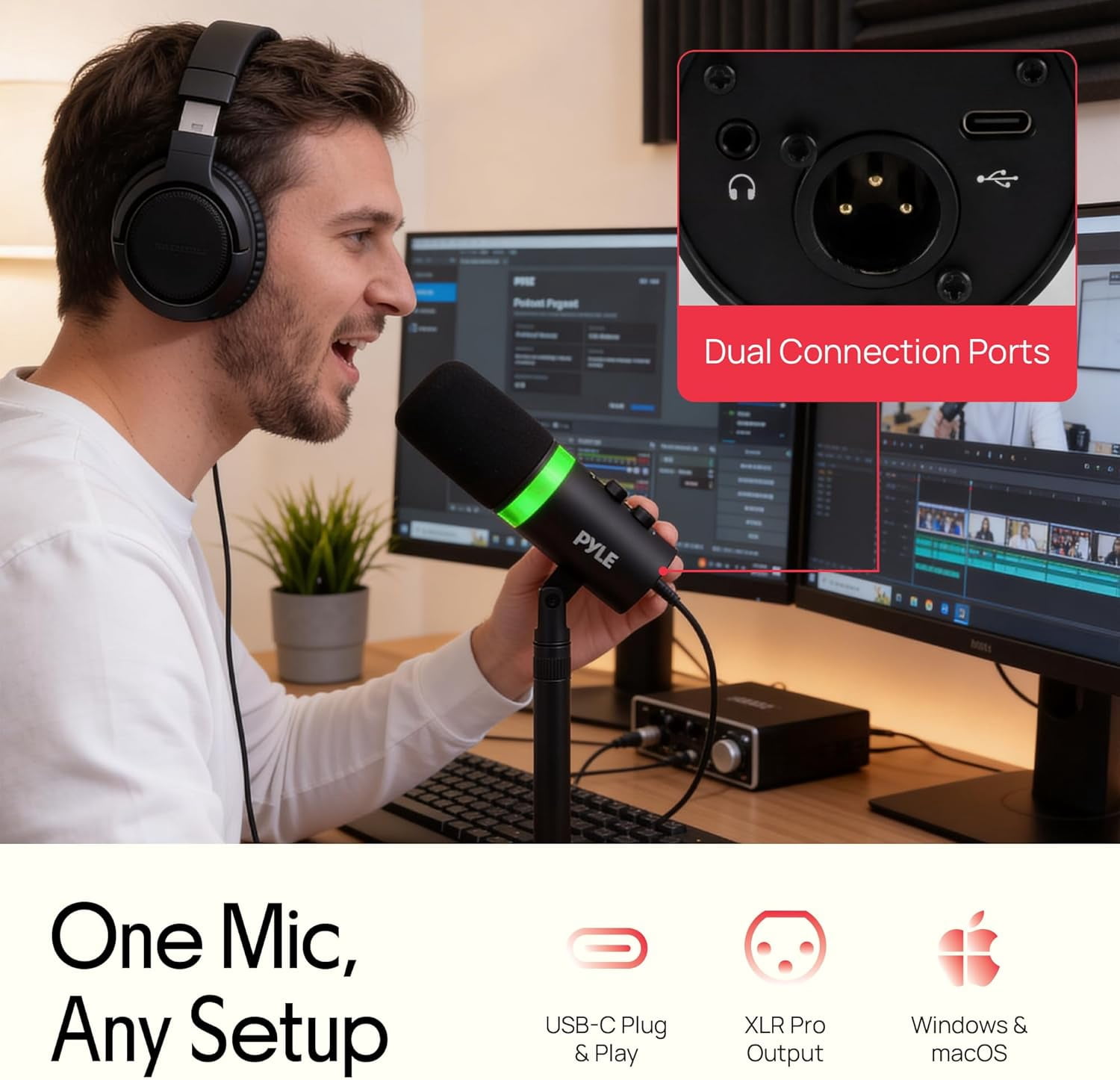 Dynamic Microphone with RGB Light, Dual USB/XLR Input for Podcast Streaming