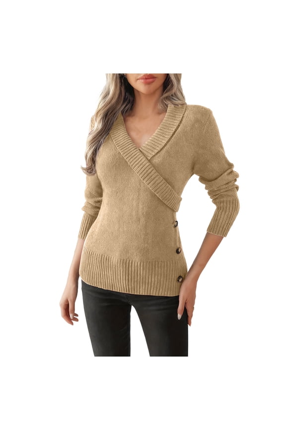 Knit Sweater for Women Slim Fit Side Button Elegant Tops Dressy Casual V Neck Long Sleeve Pullover Fashion Clothing
