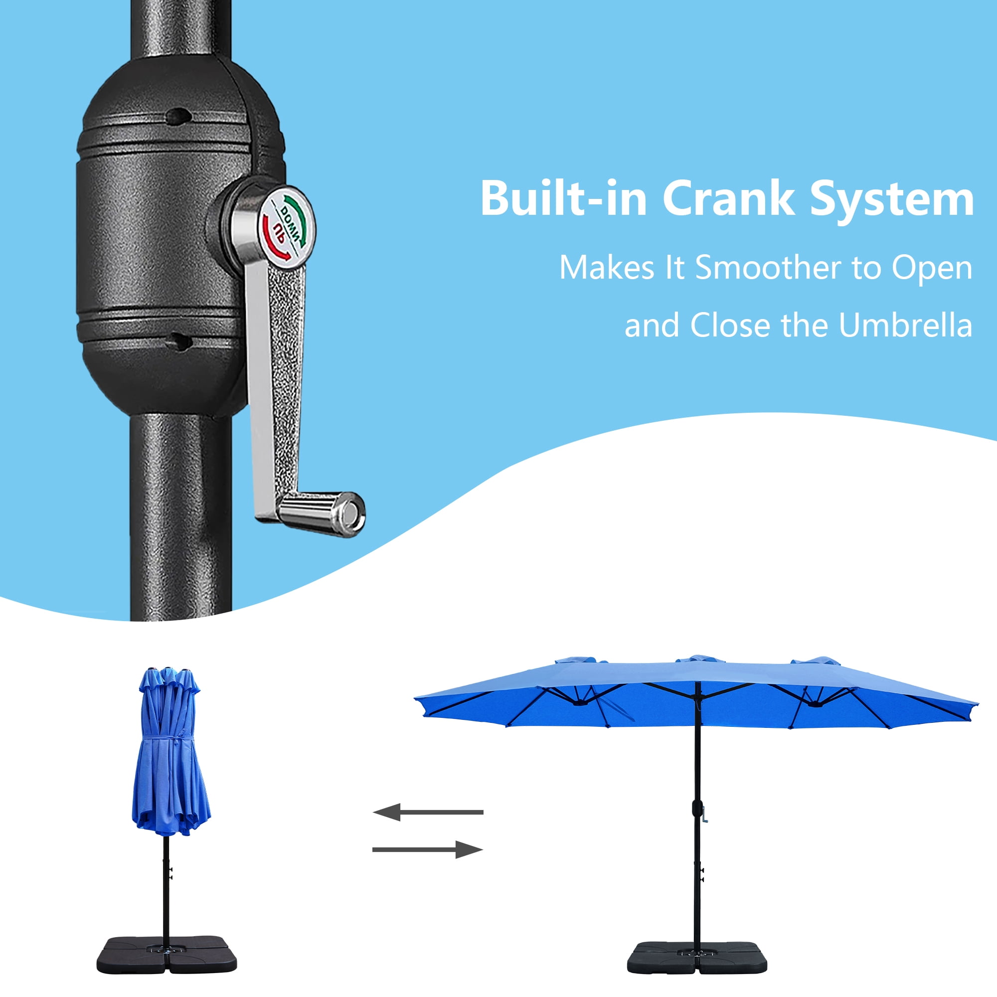 Abble 15x9 ft Large Double Sided Rectangular Patio Market Umbrella with Crank Lift - Heavy Duty Steel Sun Shade in Navy