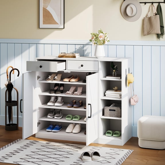 Shoe Storage Cabinet, Modern Farmhouse Shoe Rack Organizer with 6 Adjustable Shelves & 2 Drawers, Freestanding Entryway Cabinet for Living Room, Mudroom, Hallway, White