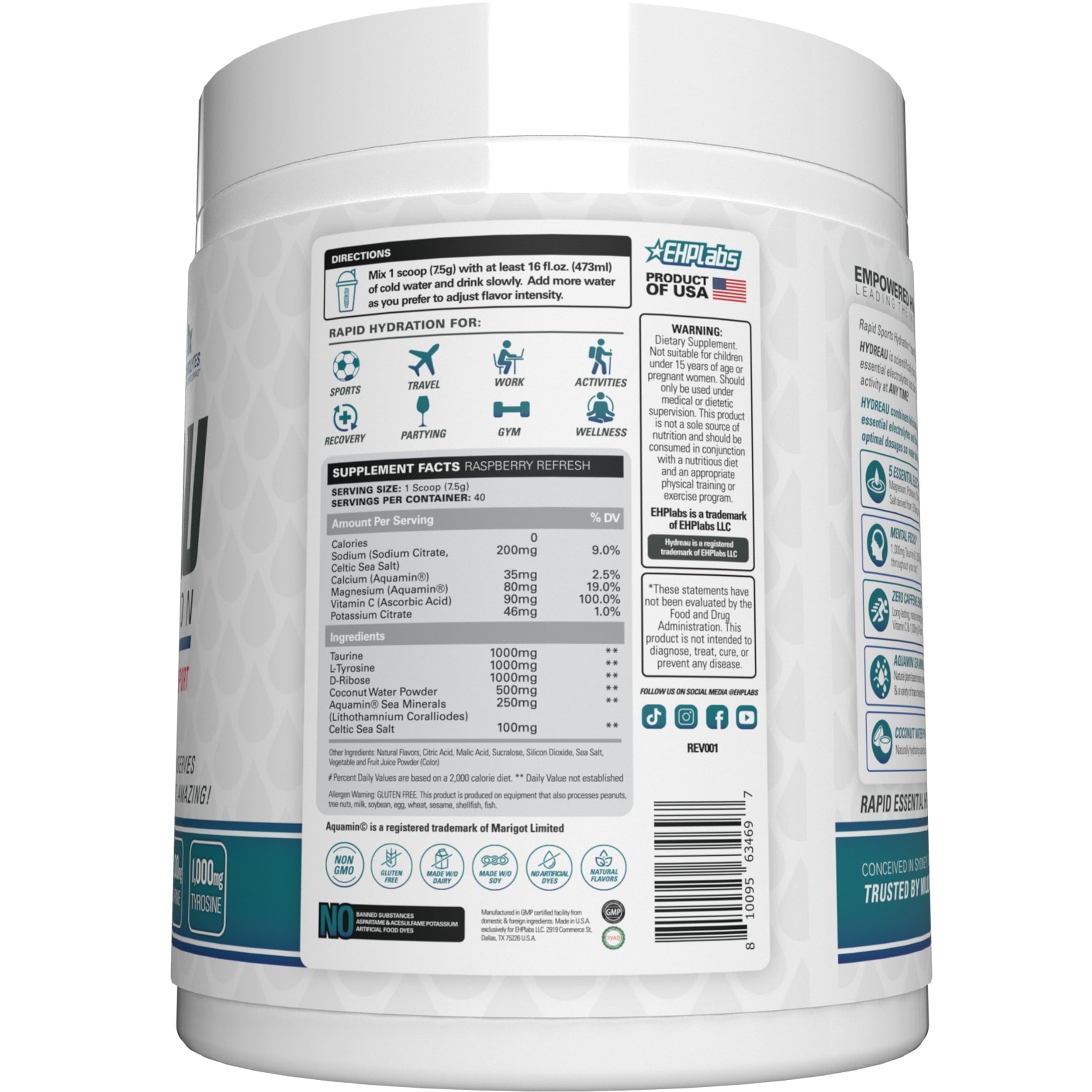 EHP Labs Hydreau Electrolytes Powder No Sugar - Hydration Powder for Endurance & Energy - Electrolyte Powder for Men & Women - Sugar Free Electrolytes - Raspberry Refresh (40 Serves)