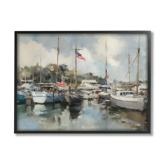 Stupell Industries Boats with American Flags Transportation Painting Black Framed Art Print Wall Art, 14 x 11