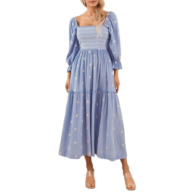 SUNSIOM Women Long Dress, Flower Embroidered Long Sleeve Dress Lantern Sleeve Square Neck Flowy Spring Fall Dress