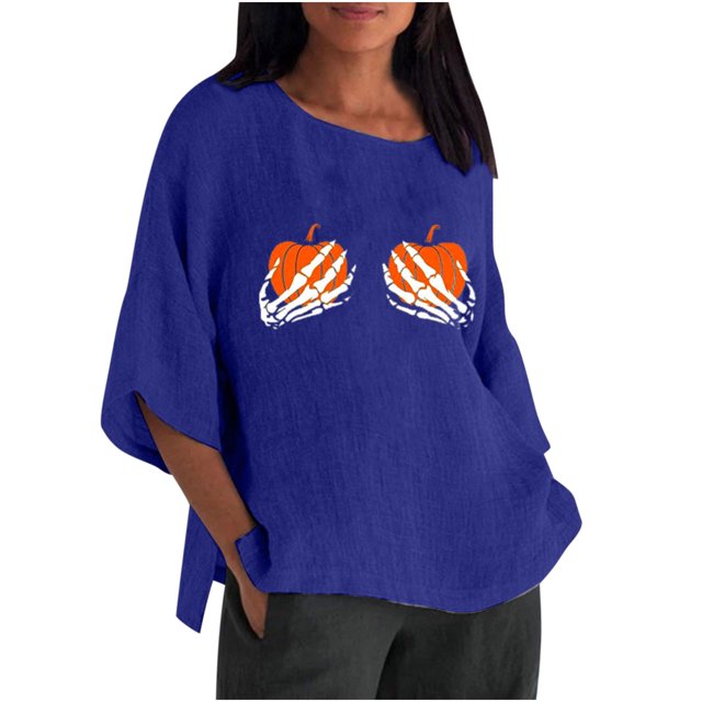 Nueva camisa de lino con cuello redondo informal de manga tres cuartos con estampado de Halloween Camiseta/camisa de manga corta con cuello redondo Pompotops hfajkhk141271