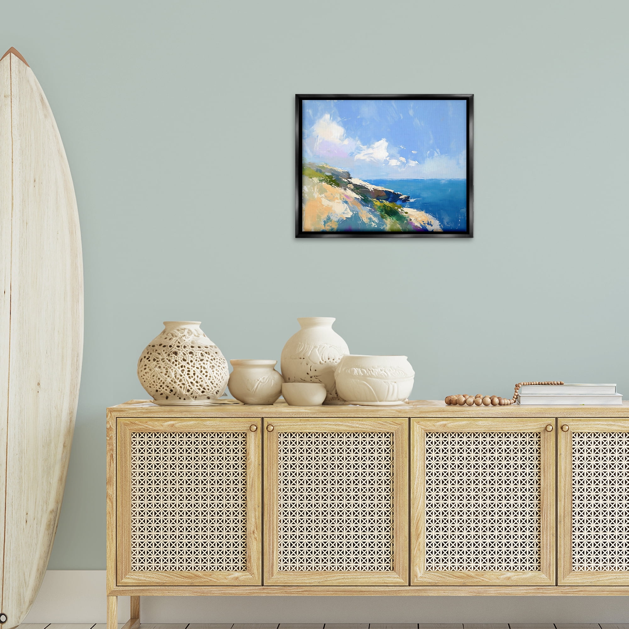 Stupell Industries Rugged Coastline Landscape Coastal Painting Black Floater Framed Canvas Art Print Wall Art, 21 x 17