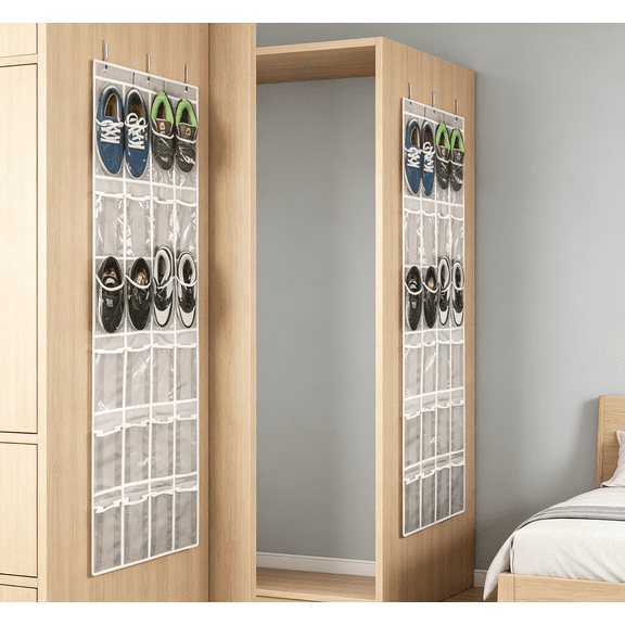 Shoe Storage Organizer Over Door, 24 Pocket Hanging Shoe Organizer with Clear PVC Pockets, Space Saving Closet Door Organizer for Shoes, Slippers, Sneakers, Accessories & Household Storage