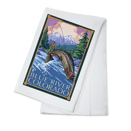 

Blue River Colorado Angler Fly Fishing Scene (Leaping Trout) (100% Cotton Tea Towel Decorative Hand Towel Kitchen and Home)