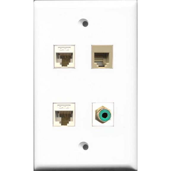 RiteAV 1 Port RCA Green and 1 Port Phone RJ11 RJ12 Beige 2 Port Cat6 Ethernet White Wall Plate