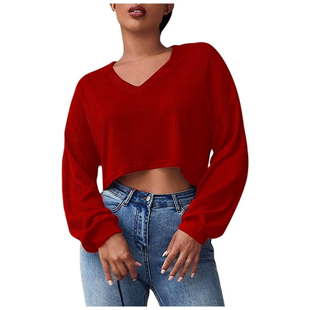 Women's Sweaters for Work Ladies Spring And Autumn Solid Color V Neck Long  Sleeve Casual Loose Navel Knitted Sweater Top Cute Sweaters Mens Quarter  Wraith Hoodie Short Sleeve Sweater for Women -