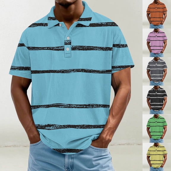 Khunlpohl Mens Big and Tall Shirts Striped Short Sleeve Baggy Tee Collared Casual Summer Streetwear Tshirts
