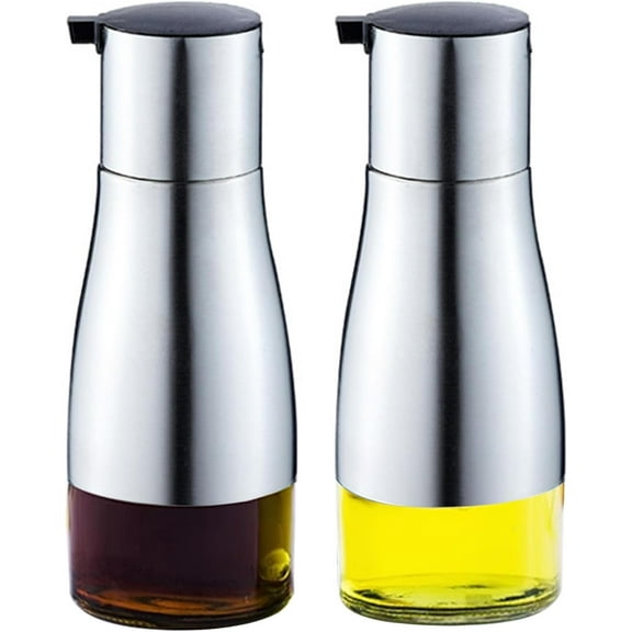 2 Pack Silver Olive Oil and Vinegar Dispenser Set, 10OZ Oil Dispenser Cruet with Easy & Drip Free Pouring, Elegant Stainless Steel with Glass
