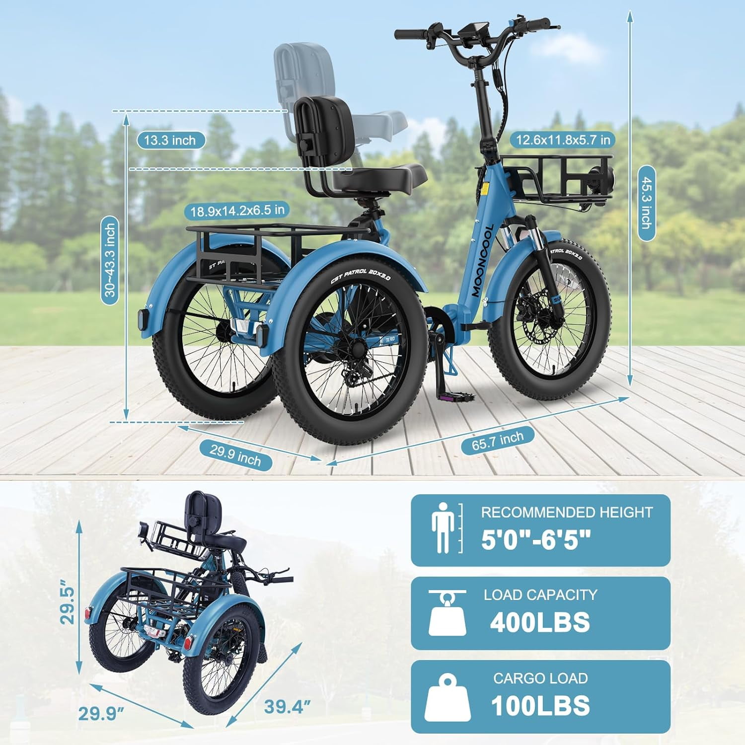 ABORON 20" Fat Tire Electric Trike 750W 48V Motorized Folding Commute E-Bike for Adult, Foldable 3 Wheel Electric Bicycle Trike for Senior Women with Front & Rear Basket