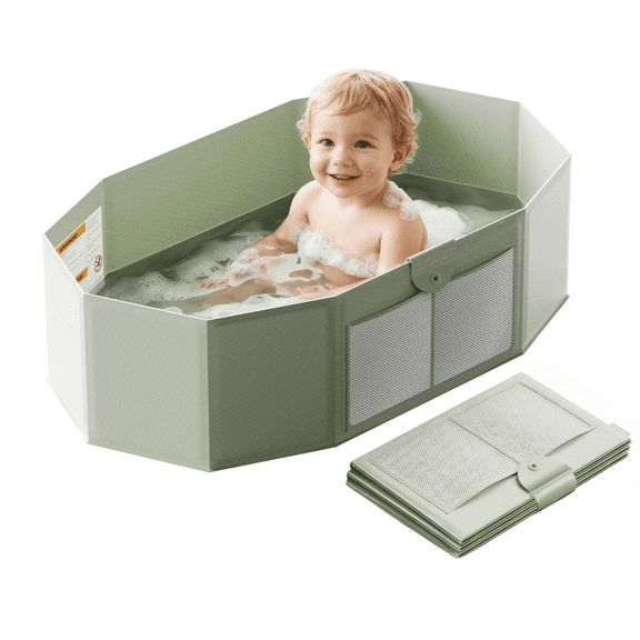 UNCLE WU Foldable Baby Bathtub for Toddlers (12M-5Y) – Portable Travel Bath Tub Converts Shower to Tub – Large Deep Collapsible Basin with Mesh Storage Pockets, Non-Slip & Fast Draining