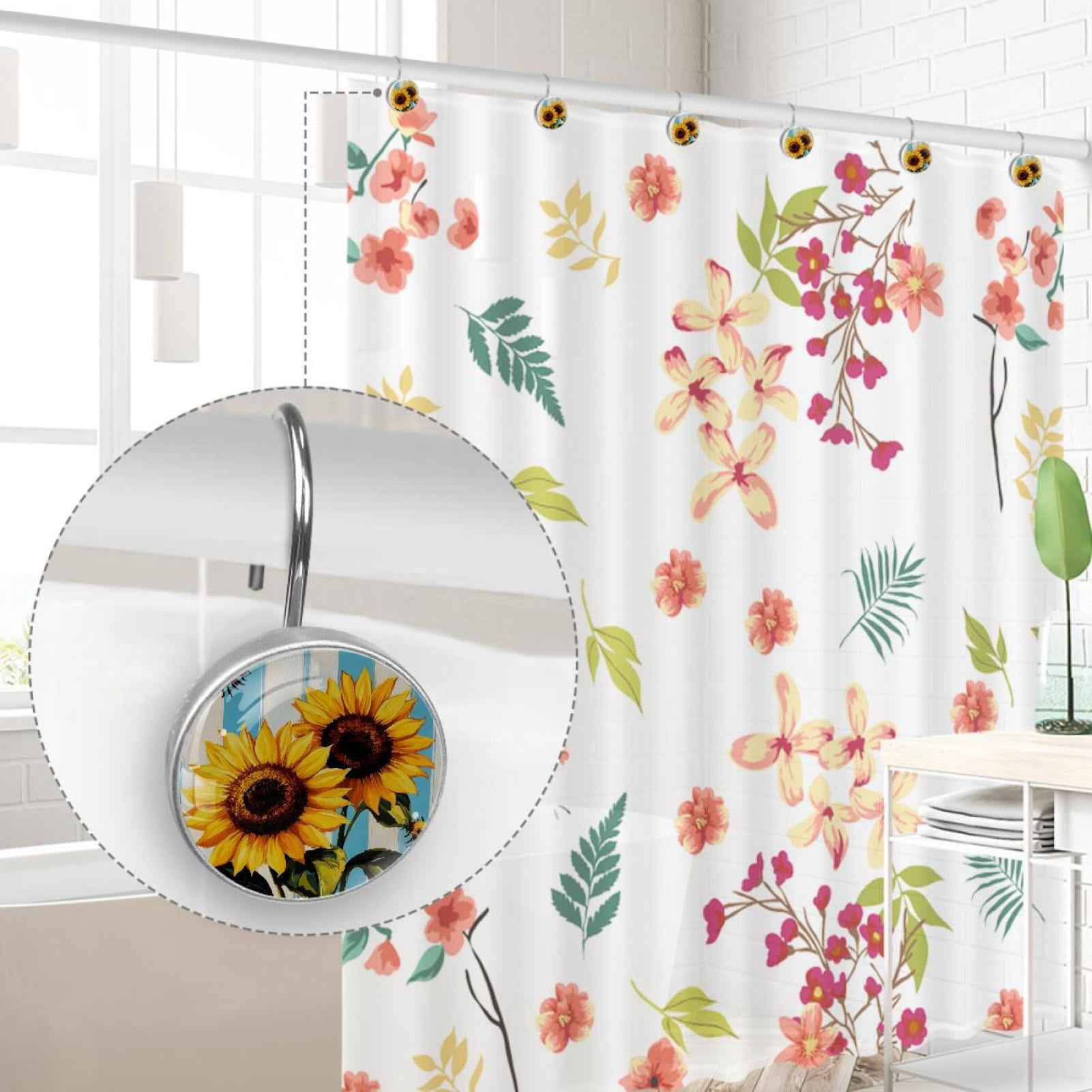 Sunflower Bees on Blue White Stripes Shower Curtain Hooks Round Crystal Glass, Set of 12 Shower Curtain Rings - Shower Hooks for Curtain Shower Rings
