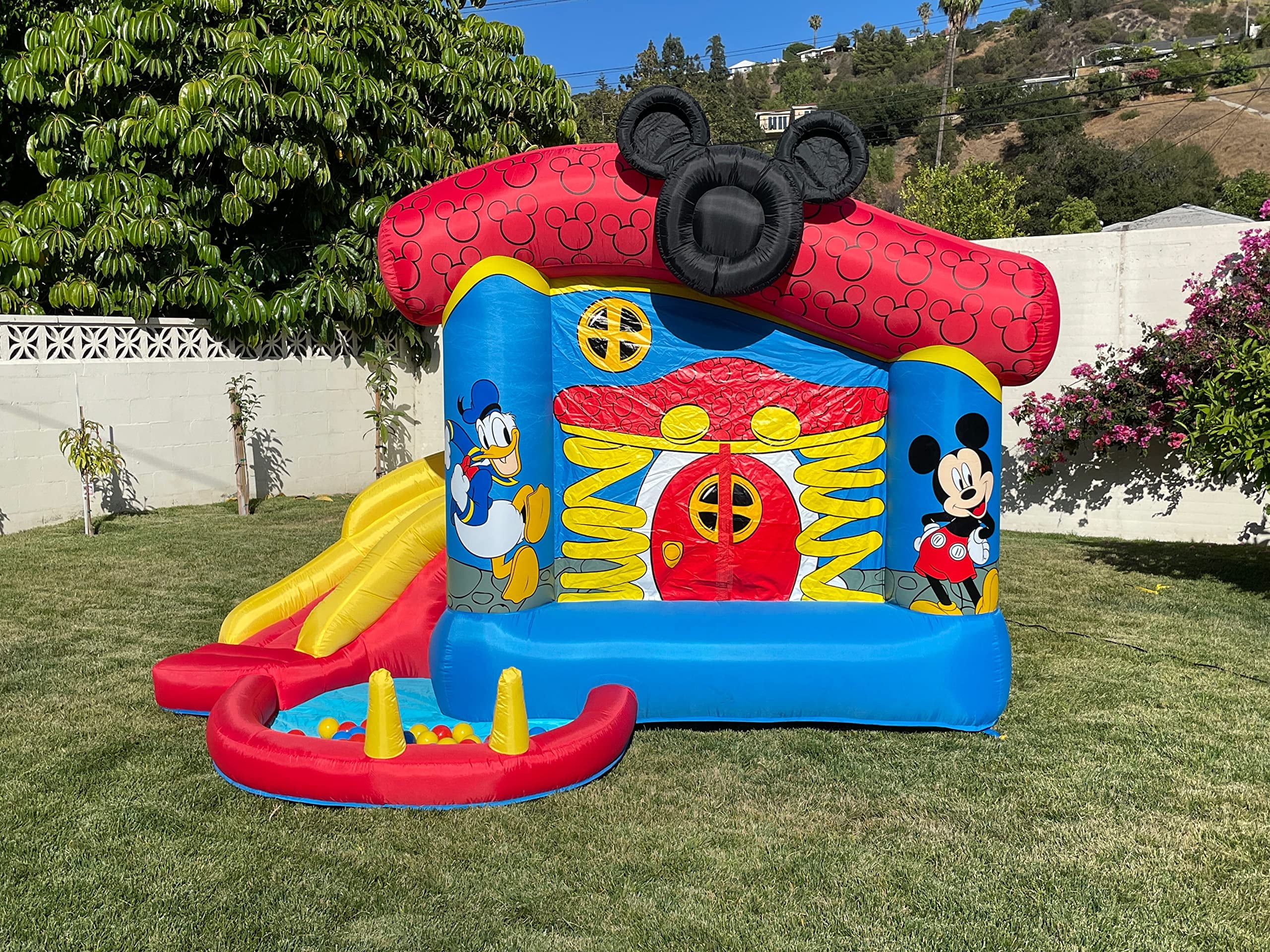 Funormous Disney Mickey Mouse Bounce House with Slide, Indoor Outdoor Inflatable Bouncy Castle Funhouse Ball Pit Plus Heavy Duty Air Blower for Kids Ages 3-8 Years