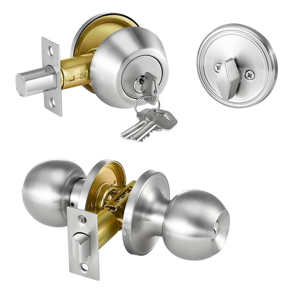 KFFKFF Entry Door Knob and Deadbolt Set, Nickel-Plated Entry Door Handle and Single-Cylinder Deadbolt Combo, Suitable for 1-3/8" to 1-3/4" Door Width, Door Locking Mechanism