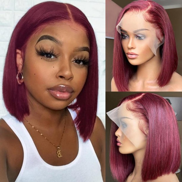 Jasperel Borgoña Bob Peluca De Cabello Humano Recto Bob Pelucas Para Mujeres Negras 13X4 Encaje Frontal Pelucas Pre Arrancadas Con Pelo De Bebé 150% Densidad Sin Pegamento Peluca Sin Procesar Pelo Vir