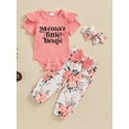 thumbnail image 2 of vera natura Baby Girl Summer Outfits Letter Print Short Sleeve Rompers Floral Print Long Pants Headband 3Pcs Clothes Set, 2 of 9