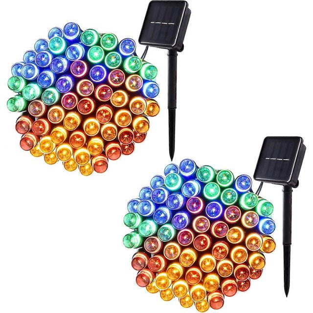 Guirnalda de luces solares para exteriores, paquete de 2, 13 m/42 pies, 100 LED, 8 modos, impermeables, para patio, jardín, valla, césped y árboles.