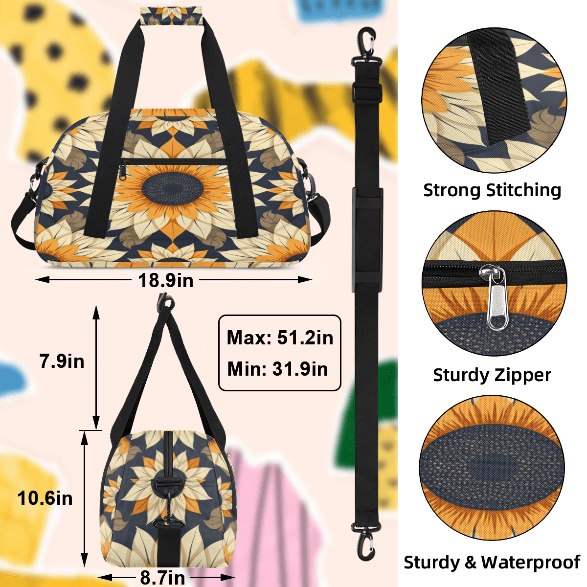 Herdesigns Sunflower Sports Duffle Bag for Women & Men, Flower Gym Bag Dance Bag Overnight Bag Carry On Weekender Travel Bag