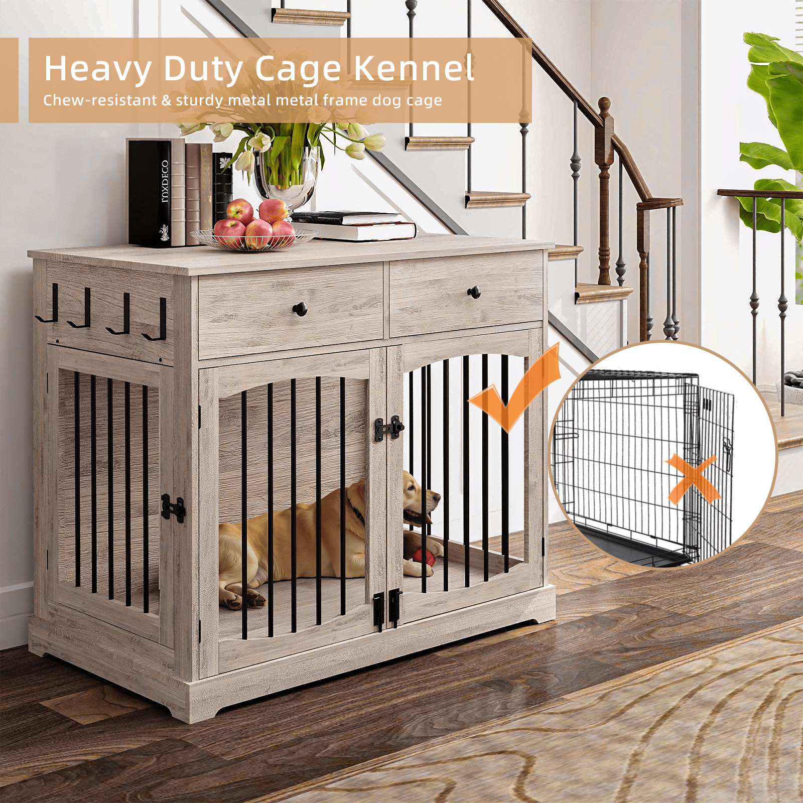 Flictozena 40 Inch Dog Crate Furniture - House Style Wooden Pet Kennel End Table with 2 Doors & Storage Drawers for Indoor Large Dogs, Gray