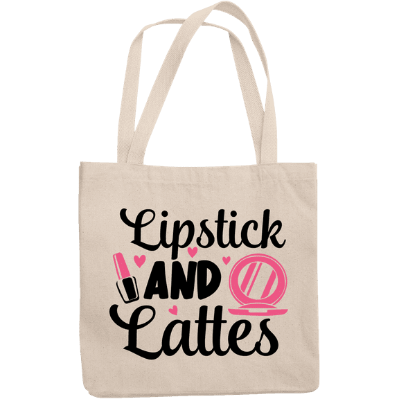 12oz Canvas Tote Bag - Lipstick and Lattes with Compact Mirror Design - Beauty Themed Merch for Makeup Artist or Cosmetologist, Gift for Makeup Lovers & Beauticians