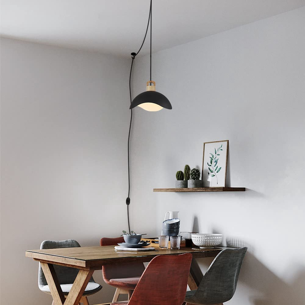 Kiven Plug in Pendant Light, Modern Hanging Light Fixture with Black Iron Shade, E26 Socket Dimmable Pendant Light for Bedroom Hallway Kitchen Island