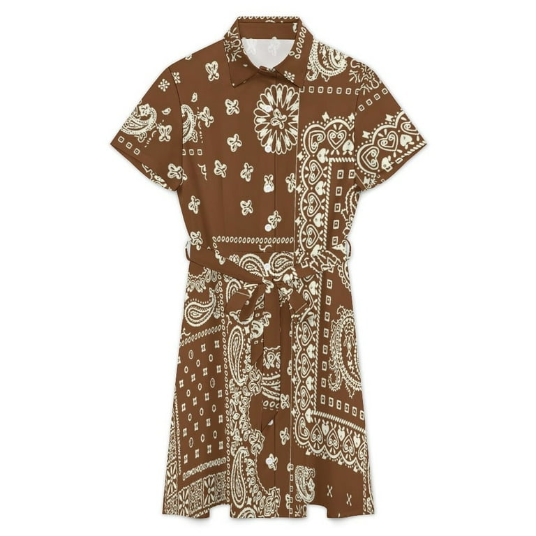 Brown Paisley Bandana Print Womens Shirt Dresses Women'S Short Sleeve Dress  Turn-Down Collar Dress A Line Casuall Dress Oversize(XS-6XL)