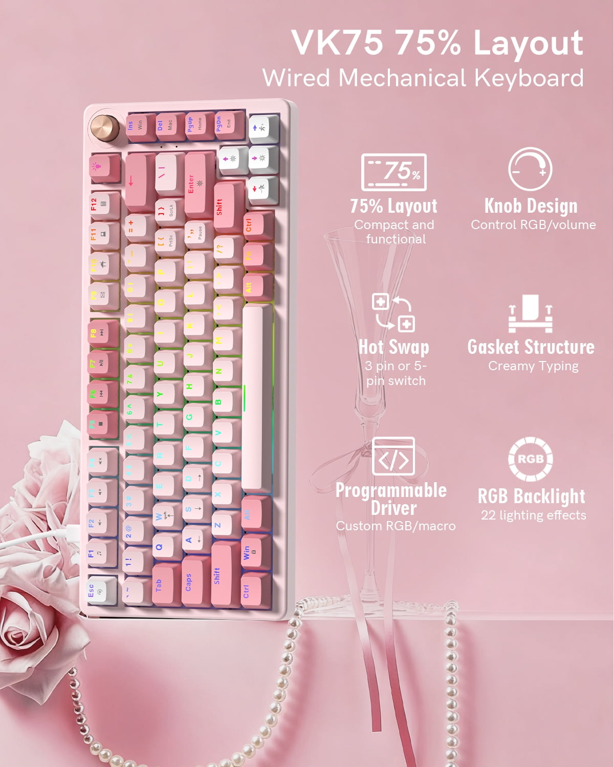 COSTOM VK75 Wired Mechanical Keyboard with Multi-Function Knob, 75% Gaming Keyboard Gasket Mounted, Hot Swappable, Creamy Sound, Cherry Profile, PBT Keycaps, Pink