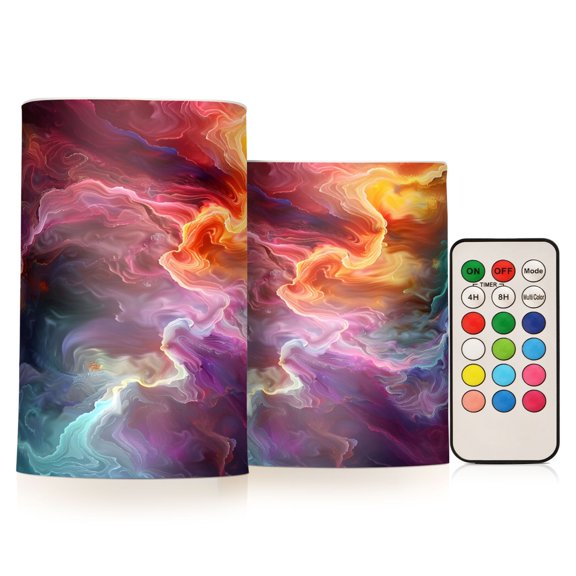 Flickering Flameless LED Candles set of 2 Battery Operated 18-Key Remotes Timer Halloween Fall Decor Colorful Nebulae Mixture D3''xH4''5''